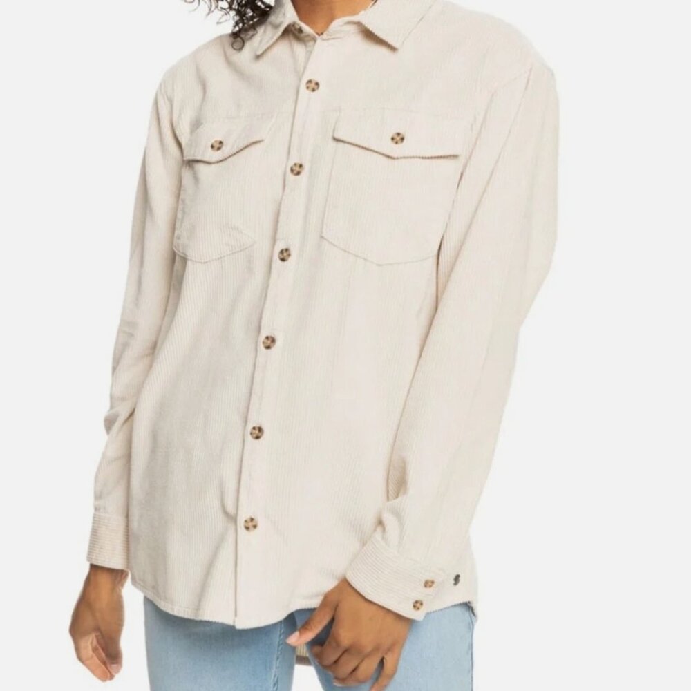Vintage Roxy Woman's Long Sleeve Corduroy top size small khaki‎ tan in color